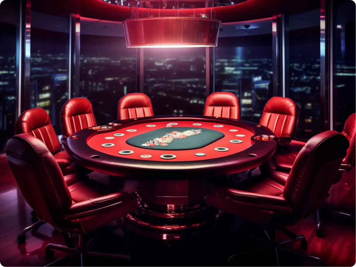 A red poker table with leather chairs in a penthouse casino lounge at night