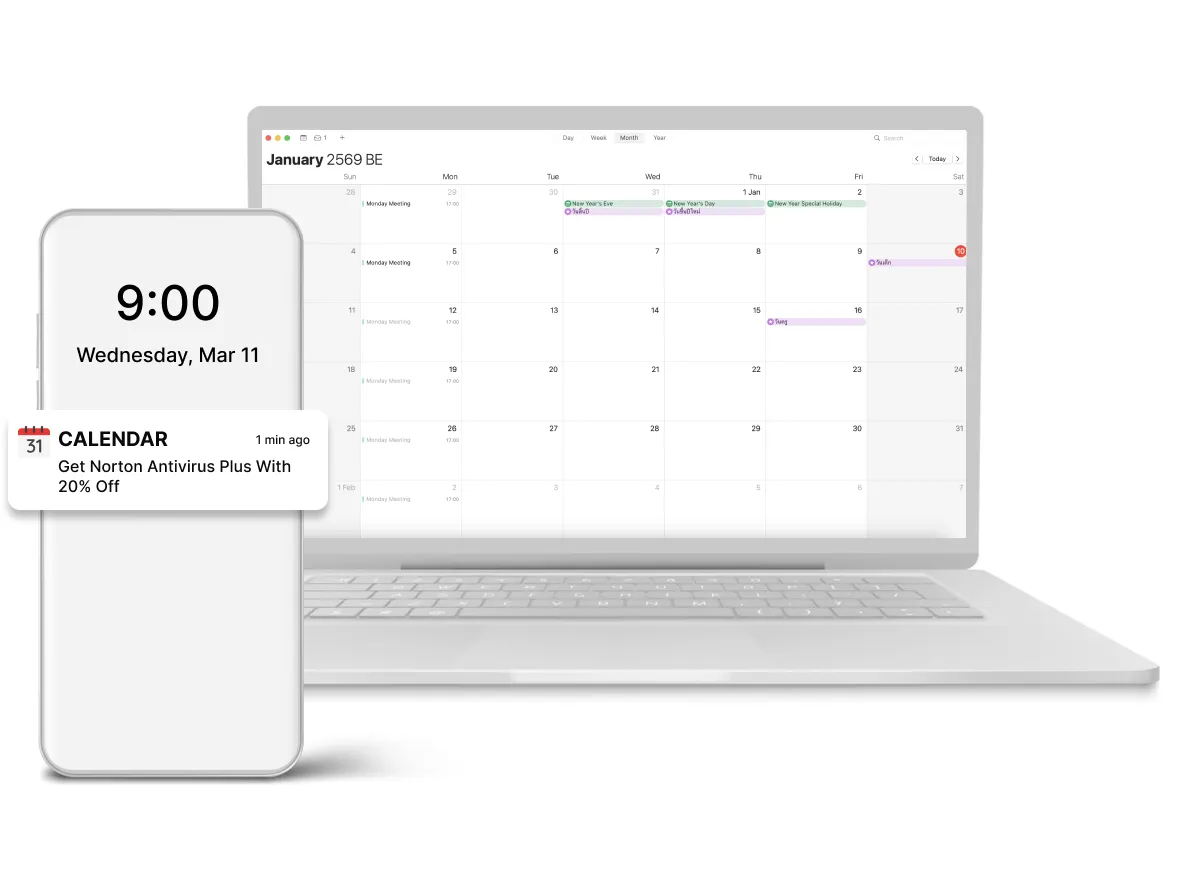 iOS Calendar push notification shown on a phone and a laptop calendar