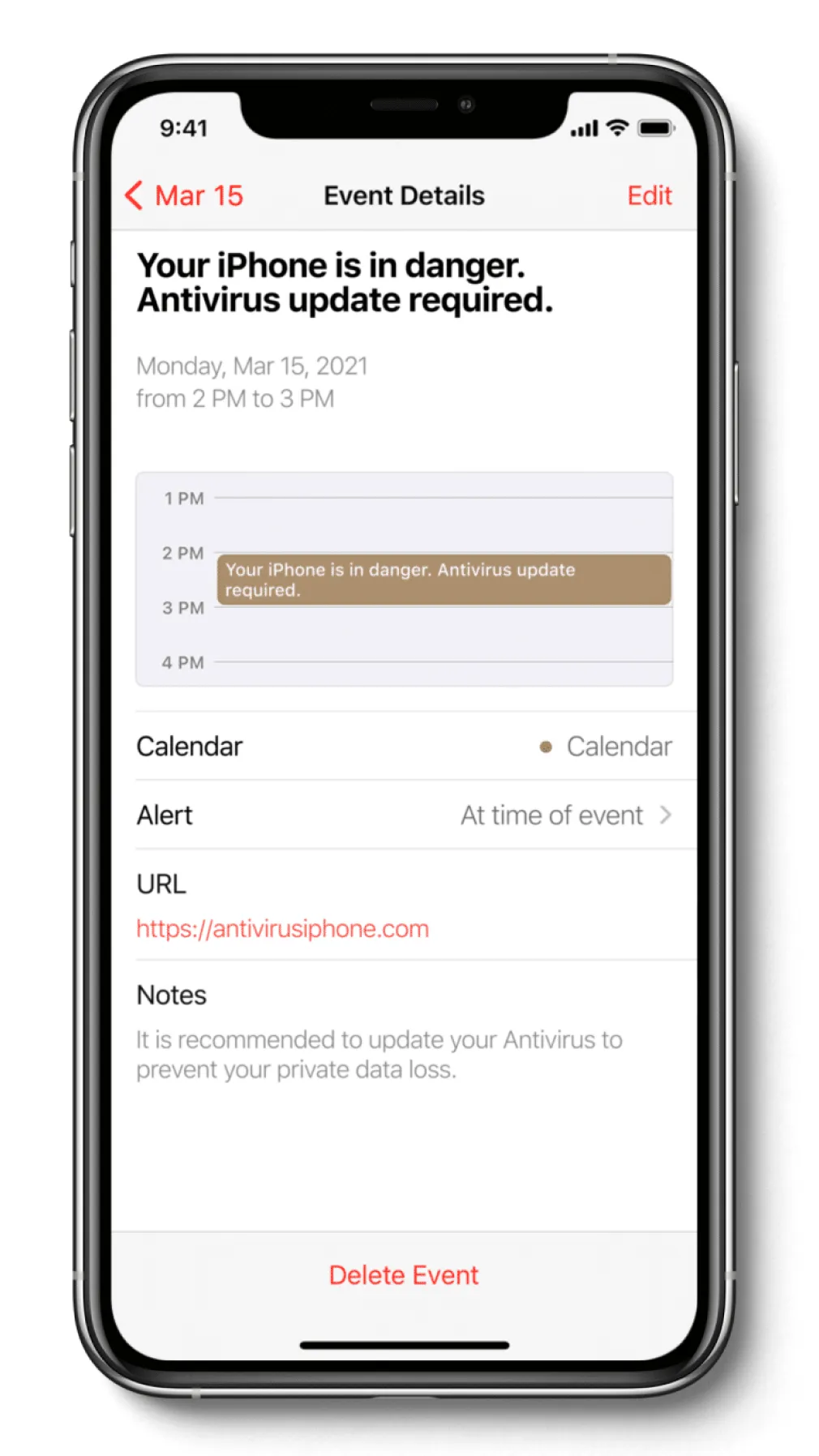 An iPhone showing calendar push ads as scheduled events