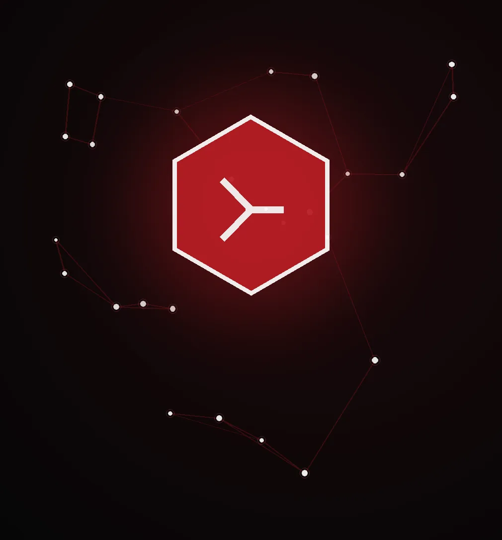 An abstract dark blockchain network graphic with a glowing red token at its center