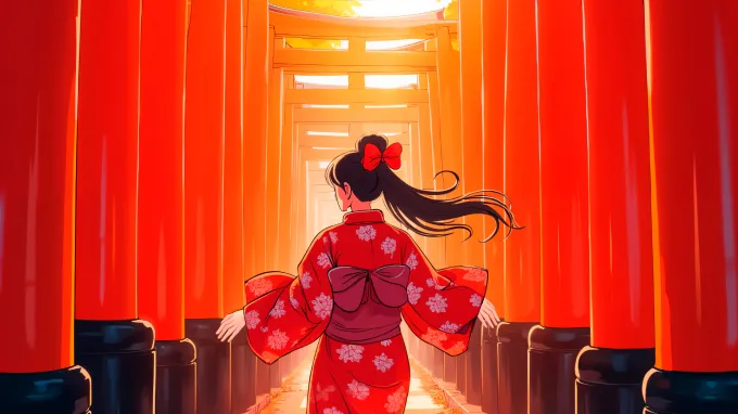 A figure in a red kimono for a Japan casino pop ads case study
