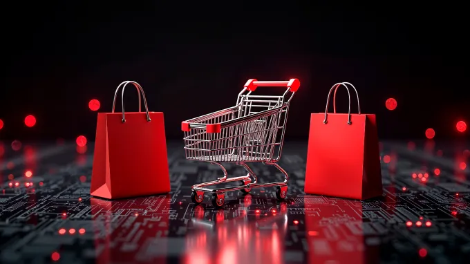 Shopping bags and a cart lit in red for a Shopee pop ads case study
