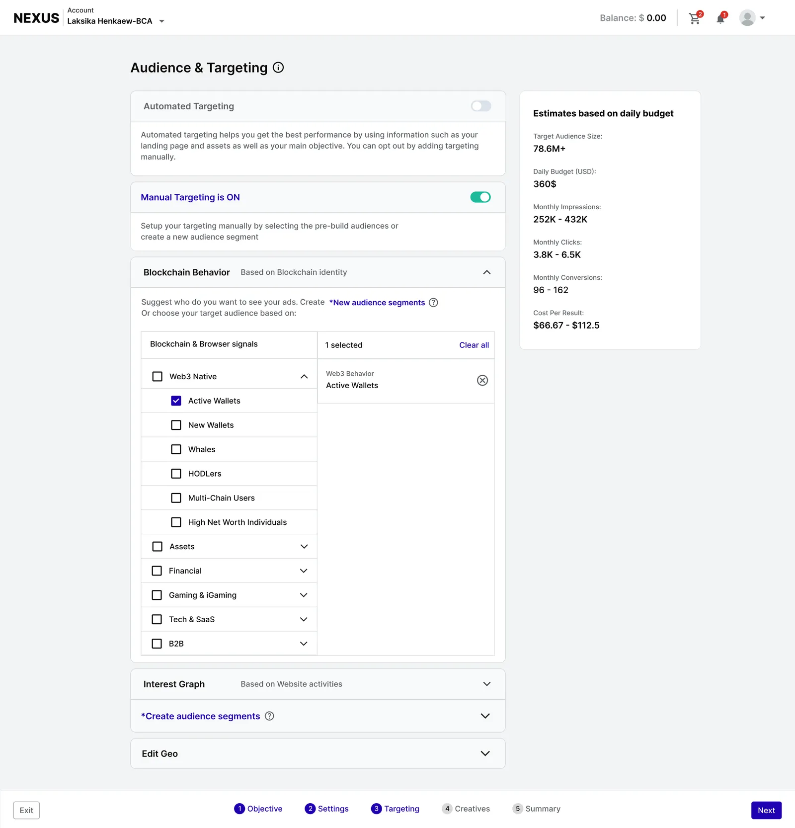 The TrafficSigma audience and targeting settings