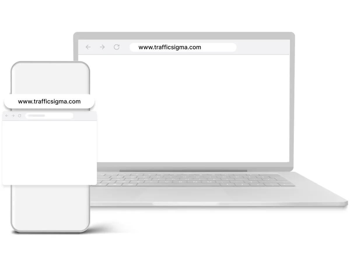 A domain redirect page shown in a browser on a laptop and a phone