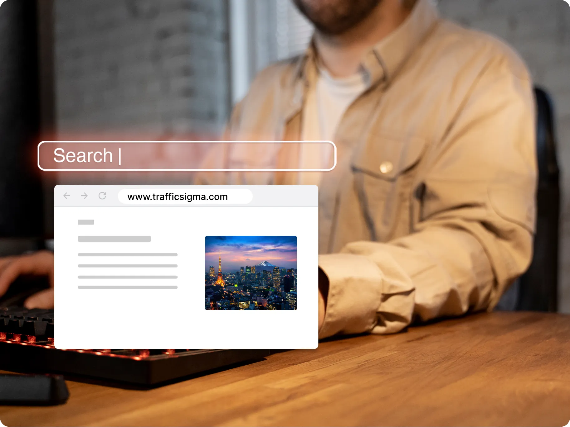 A person at a desk with a search bar and a browser redirect mockup