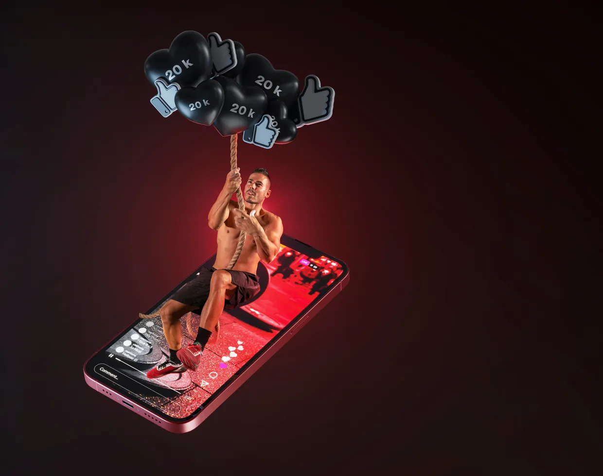 A 3D iGaming ad on a smartphone with likes lifting off the screen