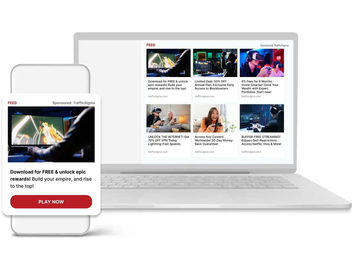 A native ad feed shown on a laptop and phone