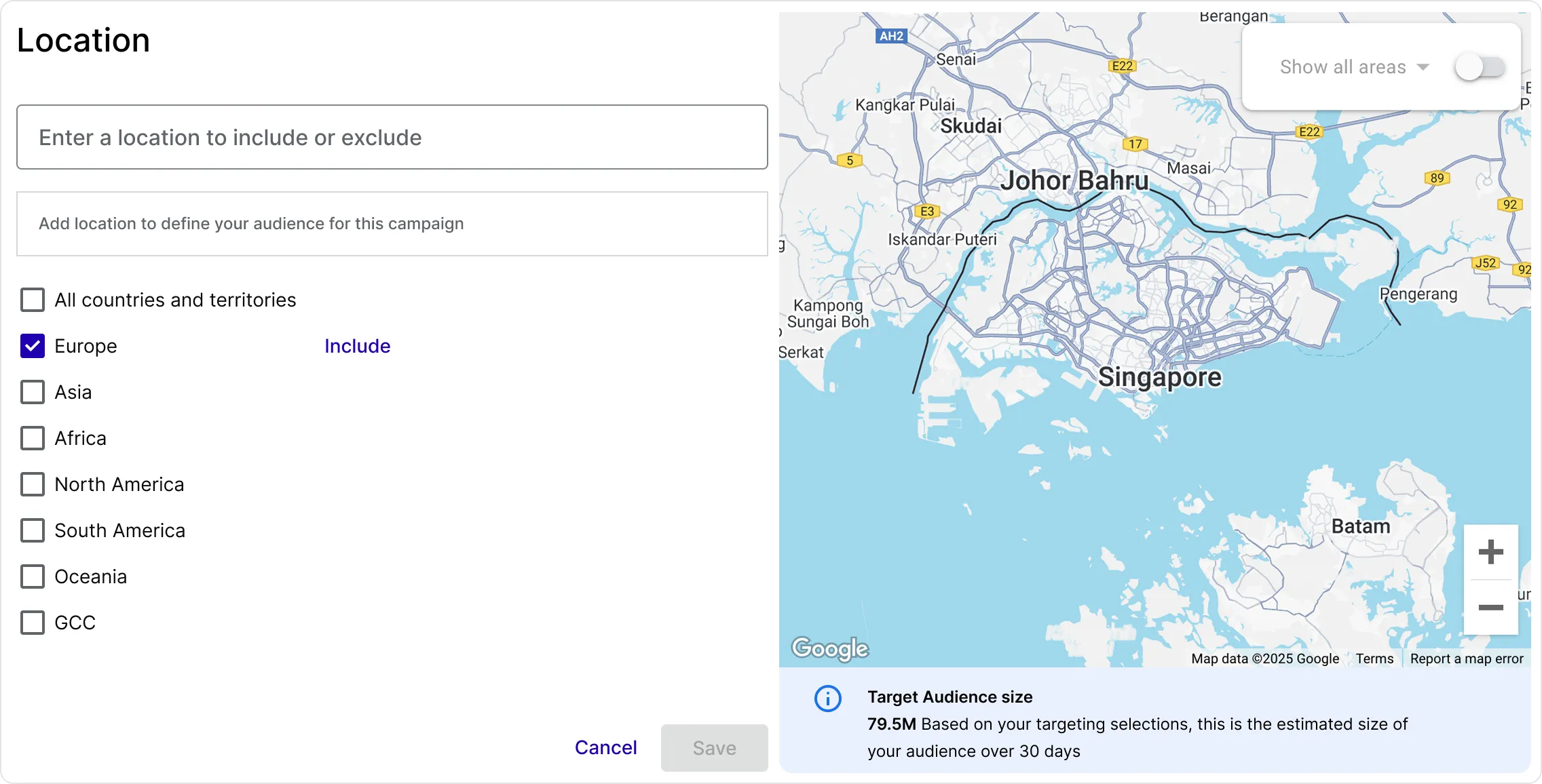 The TrafficSigma campaign location targeting map showing Europe selected