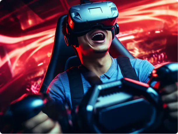 A gamer wearing a VR headset immersed in a game
