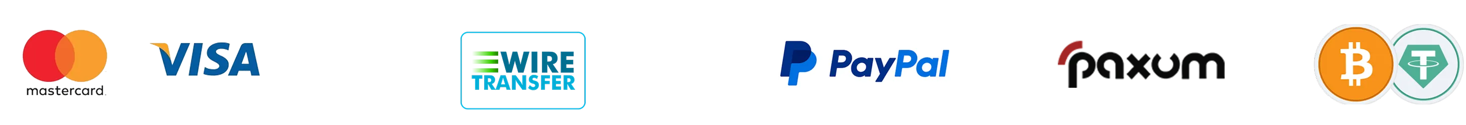 Mastercard, Visa, Wire Transfer, PayPal, Paxum, and crypto payment logos