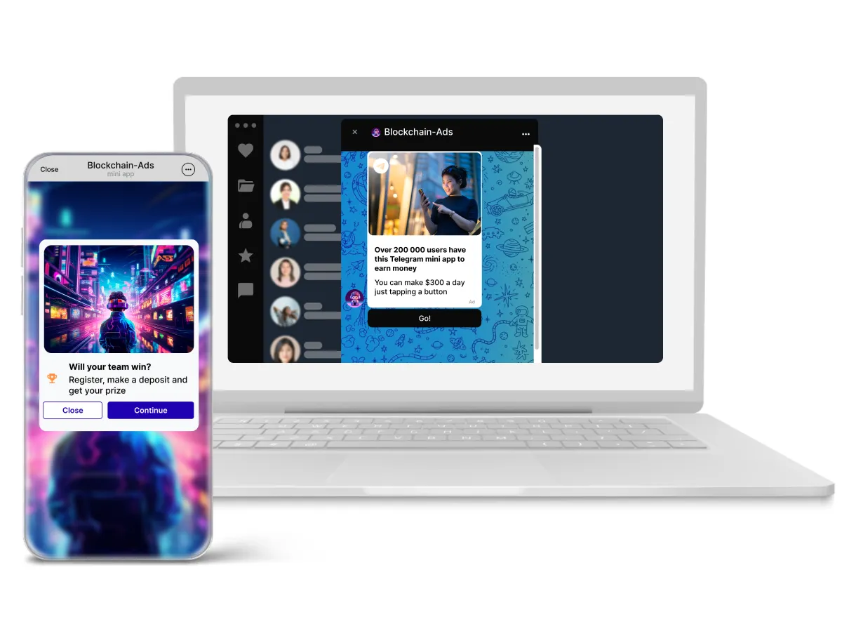 Telegram Mini App ads shown on a laptop and a smartphone
