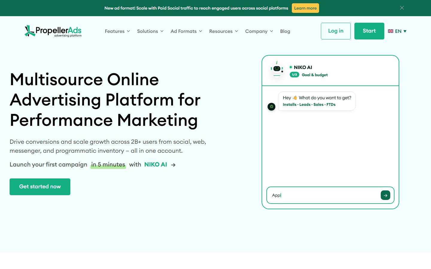 PropellerAds homepage showing its multisource advertising platform positioning