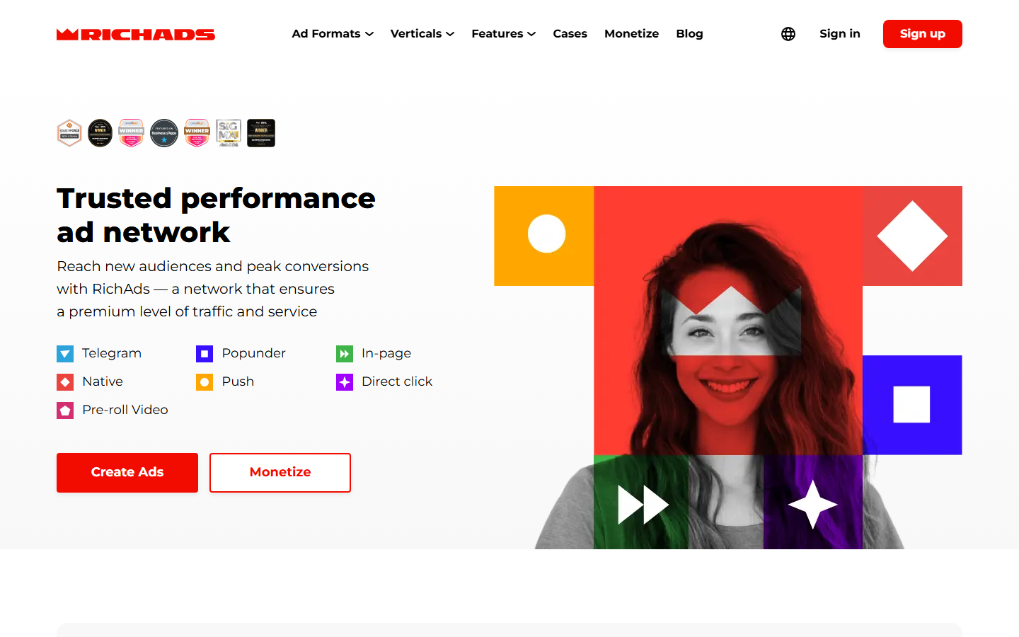 RichAds homepage showing its multi-format self-serve ad network positioning